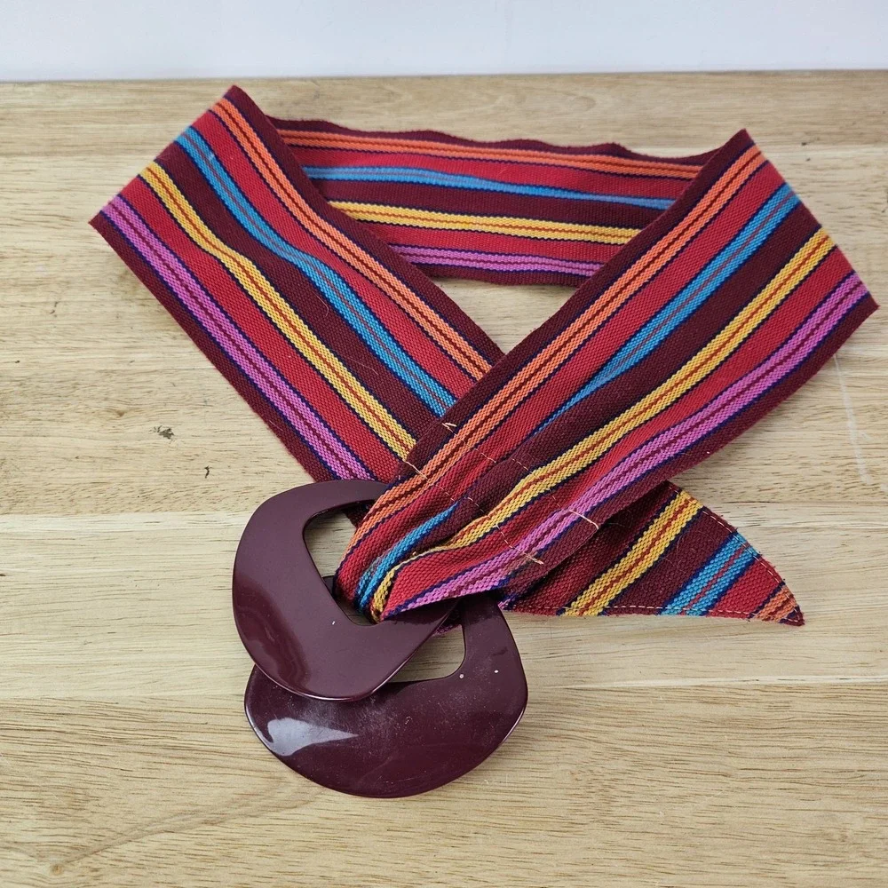 Vintage Rainbow Stripe‎ Fabric Belt Red Round Double Buckle Cotton Boho One Size